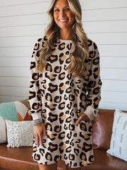 Khaki Leopard Long Sleeve Shift T Shirt Dress with Pockets - Miniatuur