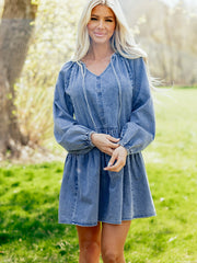Myosotis Puff Sleeve V Neck Ruffled Loose Denim Mini Dress - Miniatuur