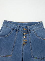 Jeans Ashleigh Blue à multiples boutons, taille haute et jambes larges avec poches - Damesmode Afbeelding 5 - Miniatuur