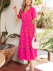 Rose Double Polka Dot Short Sleeve Shirred High Waist Midi Dress - Miniatuur