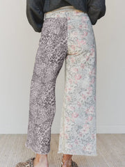 Multicolour Retro Floral Leopard Contrast Patchwork Raw Hem Jeans - Miniatuur