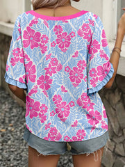 Rose Floral Print Ruffled Color Block Trim Half Sleeve Blouse - Miniatuur