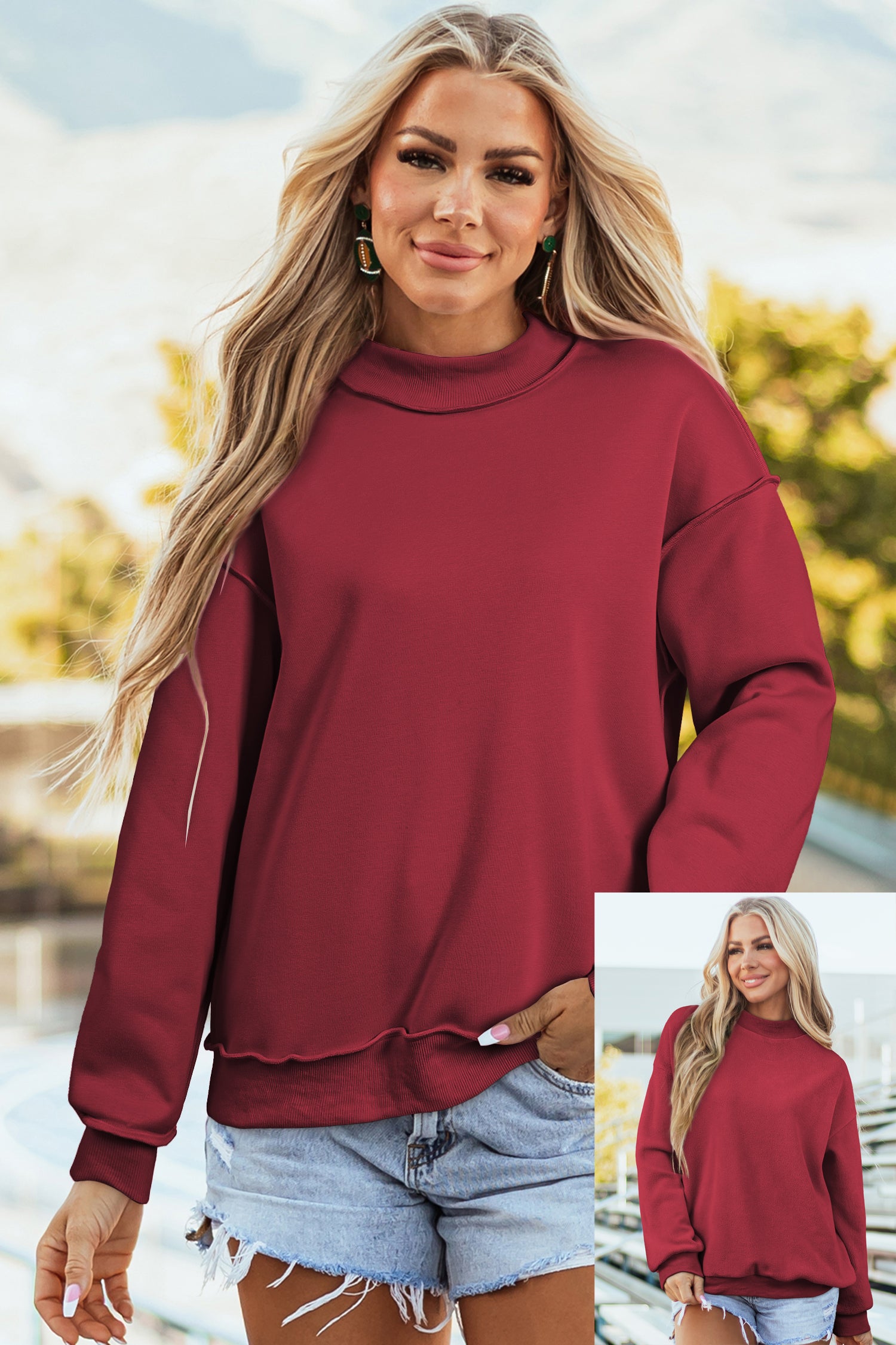 Sweat-shirt bleu foncé oversize, épaule tombante et réversible, col montant,