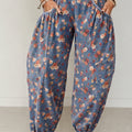 Beau Blue Retro Floral Print Elastic Waist Pocketed Barrel Jeans - Damesmode Afbeelding 1 - Foto 1