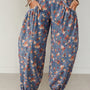 Beau Blauw Retro Bloemenprint Elastic Waist Pocketed Barrel Jeans