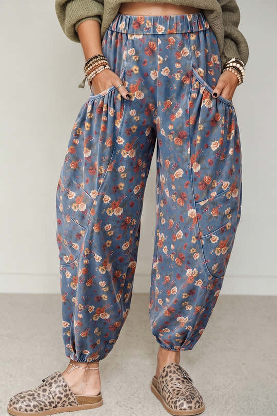 Beau Blue Retro Floral Print Elastic Waist Pocketed Barrel Jeans - Damesmode Afbeelding 1