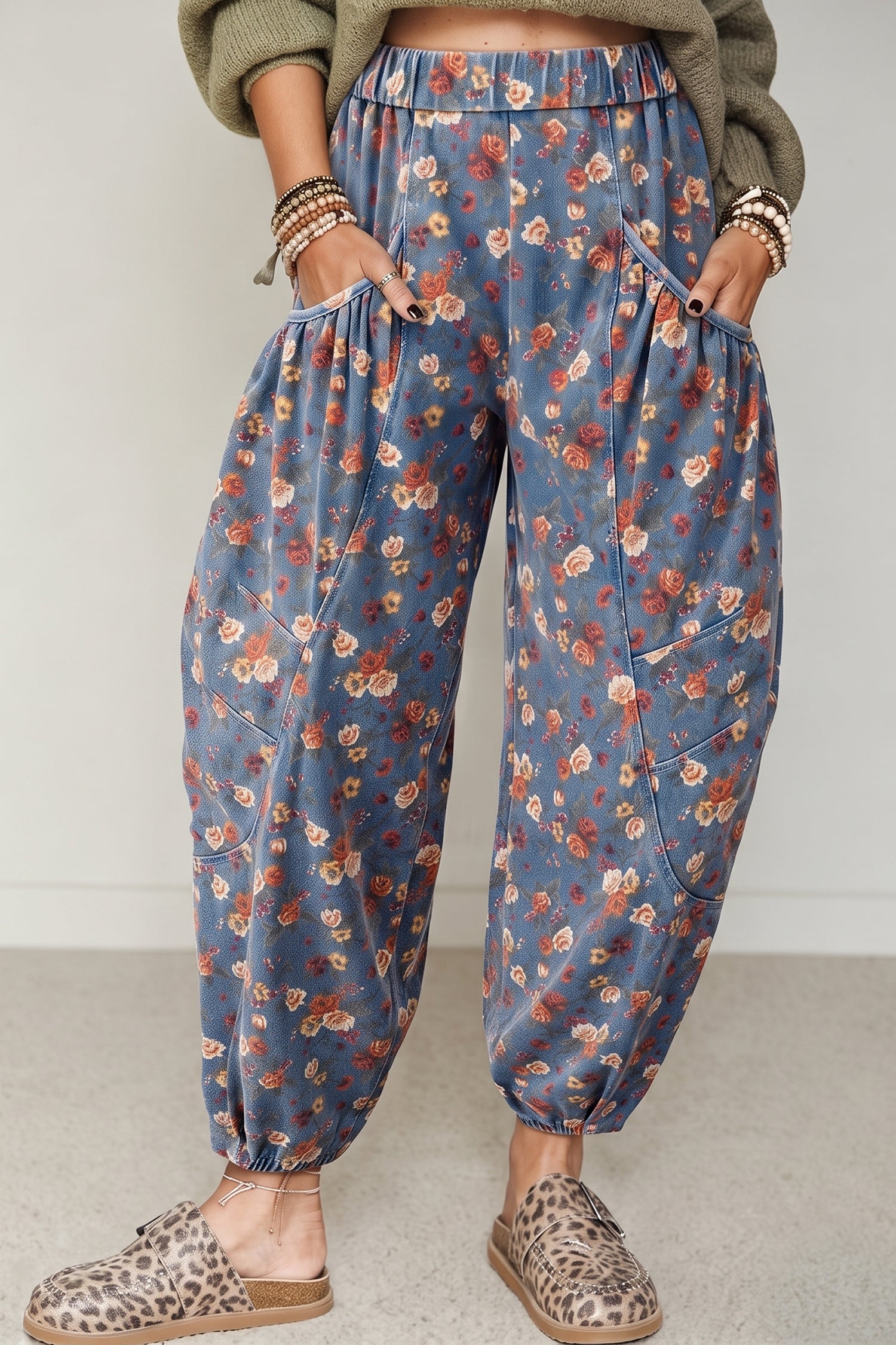 Beau Blue Retro Floral Print Elastic Waist Pocketed Barrel Jeans - Damesmode Afbeelding 1