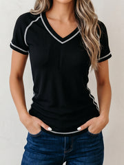 Black Waffle Textured Contrast Trim V Neck Tee - Damesmode Afbeelding 1 - Miniatuur