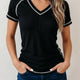 Zwart Waffle Texturood met Contrasterende Bies V-Hals Tee