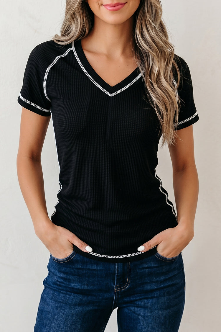 Black Waffle Textured Contrast Trim V Neck Tee - Damesmode Afbeelding 1 - Damesmode