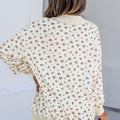 Beige Ribbed High Neck Patchwork Floral Print Baggy Pullover Sweatshirt - Damesmode Afbeelding 6 - Foto 6