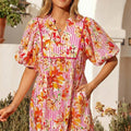 Pink Striped Floral Print Tie Neck Puff Sleeve Loose Mini Dress - Foto 2