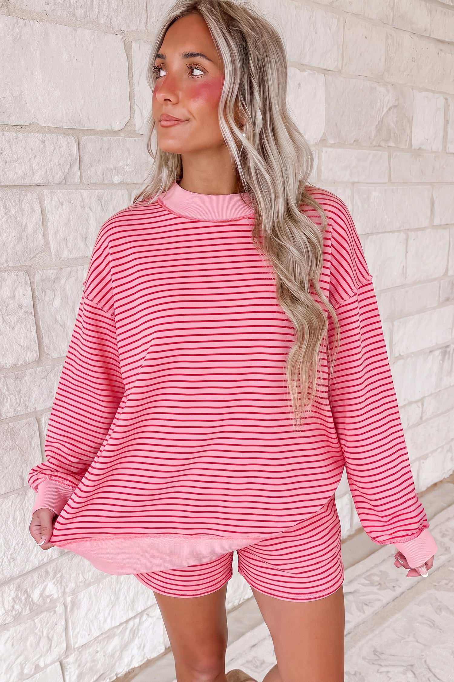 Blauw Stripe Rippen-Patchwork-Mock-Neck-Pullover-Pullover-Matching Shorts-Set