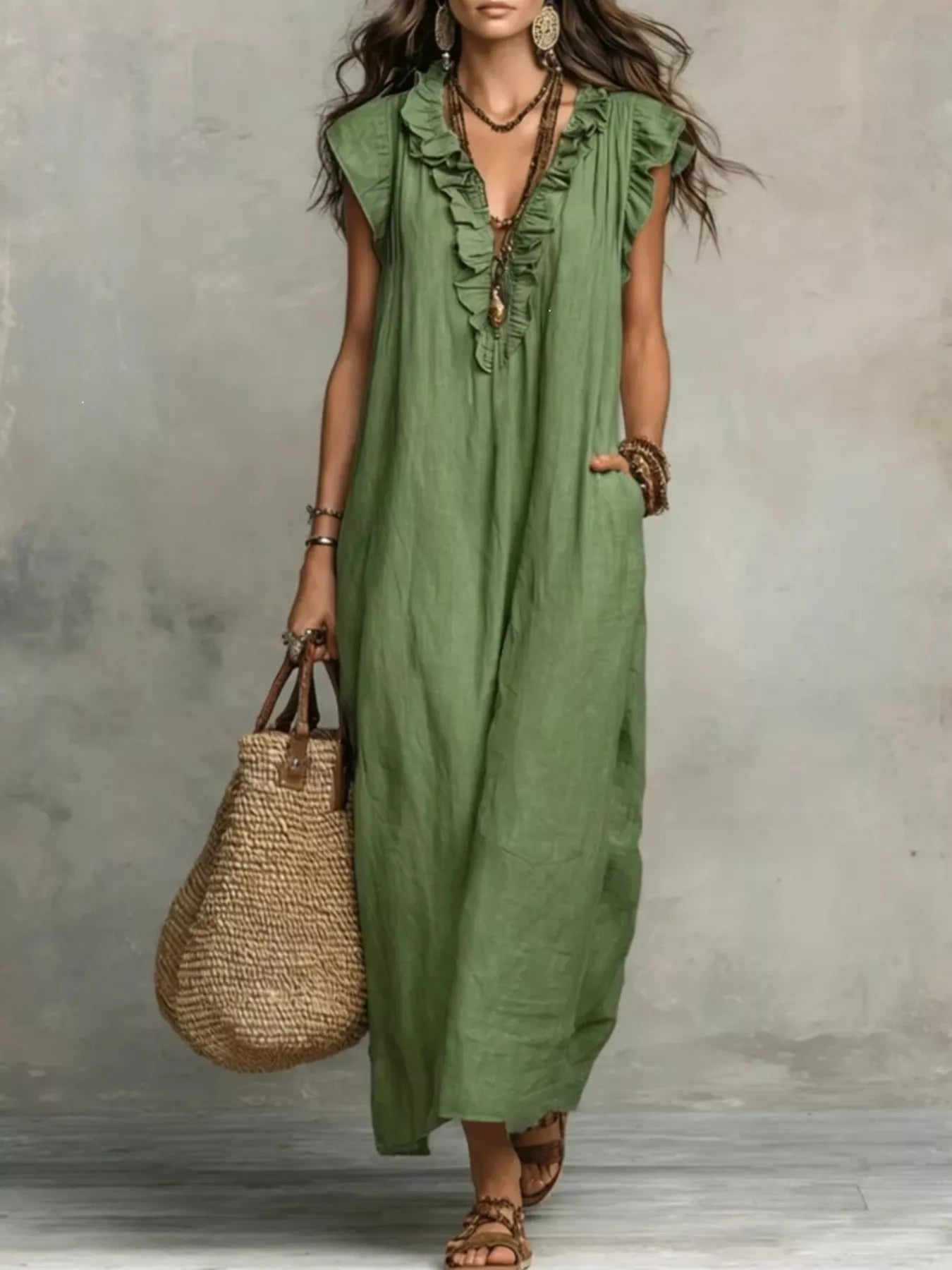 Full Size Ruffled V-Neck Cap Sleeve Maxi Dress Plus Size - Exklusive Damenmode & Kleidung Kollektion | Redblad Deutschland