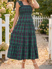 Green Plaid Ruffle Sleeveless Shirred Bodice Tiered Midi Dress - Miniatuur