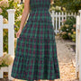 Green Plaid Ruffle Sleeveless Shirred Bodice Tiered Midi Dress