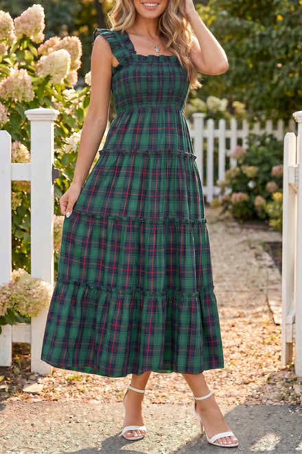 Robe midi à étages à volants verts à carreaux et volants sans manches