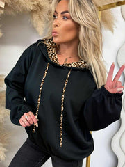 Black Elastic Cuffs Leopard Contrast Drawstring Hoodie - Women's Fashion Image 3 - Miniatuur