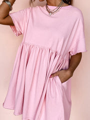 Light Pink Solid Color Pocketed Raw Edge Babydoll Dress - Miniatuur