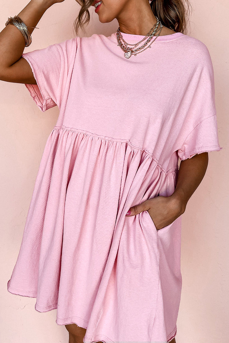 Abito Babydoll Babydoll rosa chiaro, colore unico, tasca e bordo crudo, - Damesmode