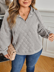 Grauer gesteppter Viertel-Reißverschluss-Hoodie in Plus-Size-Größen - Miniatuur