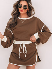 Schwarzer Farbkontrast lockerer Pullover und Schnür-Taillen-Skort-Set – Damesmode Afbeelding 4 - Miniatuur