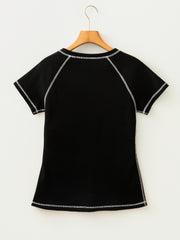 Black Waffle Textured Contrast Trim V Neck Tee - Damesmode Afbeelding 5 - Miniatuur