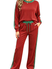 Simply Taupe Cozy Ribbed Patchwork Leopard Trim Long Sleeve 2pcs Pant Set - Miniatuur