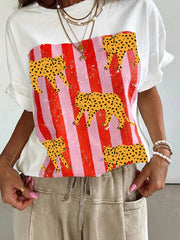 White Cheetah Striped Print Retro Fashion Graphic Tee - Miniatuur