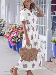 Green Floral Print Split Neck Shirred High Waist Ruffle Hem Maxi Dress - Miniatuur