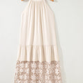 Beige Sheer Hollowed Floral Lace Hem Patchwork Loose Halter Summer Dress - Damesmode Afbeelding 3 - Foto 3