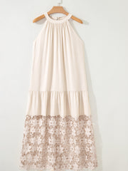 Beige Sheer Hollowed Floral Lace Hem Patchwork Loose Halter Summer Dress - Damesmode Afbeelding 3 - Miniatuur