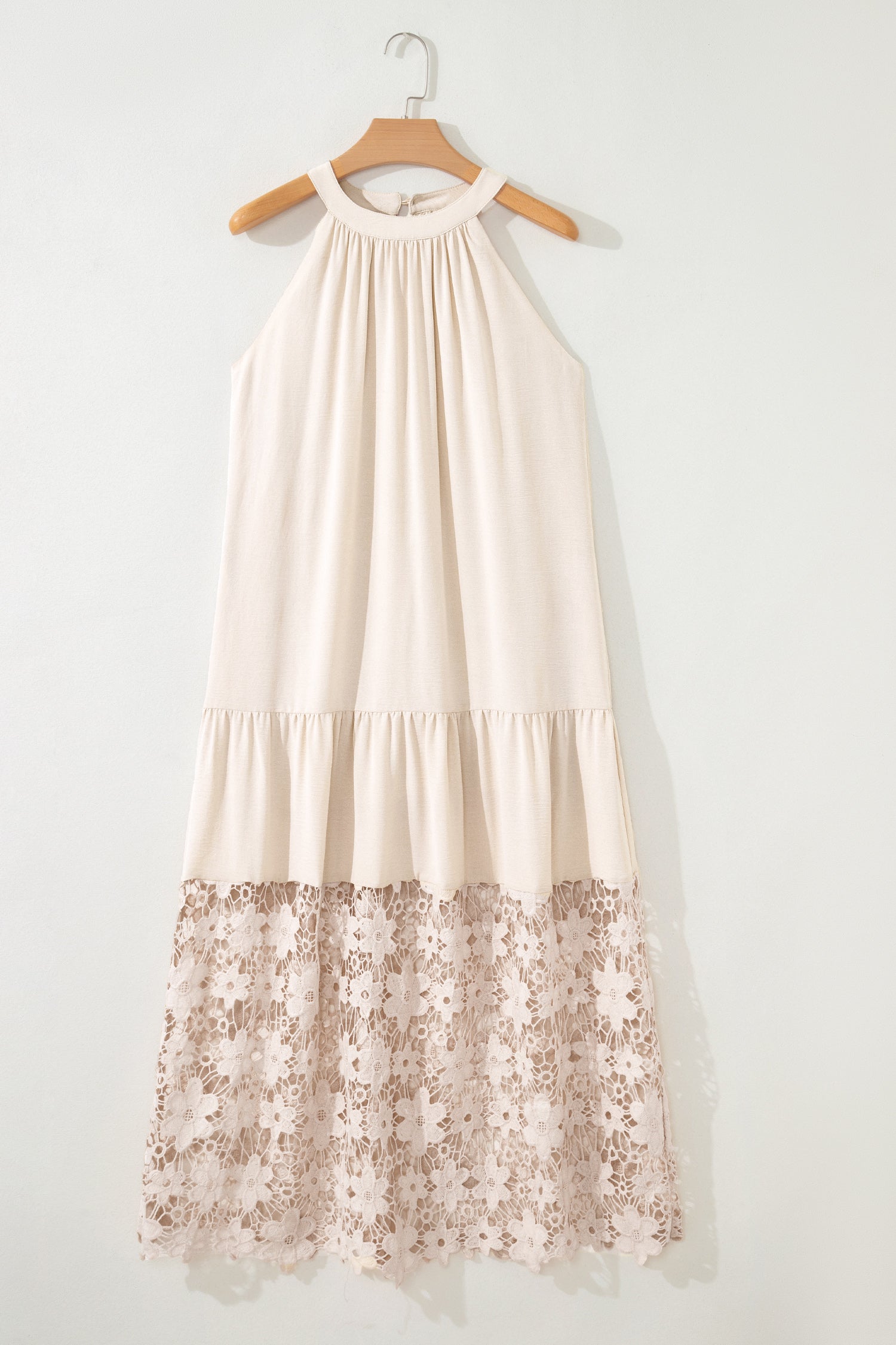 Robe d’été beige transparente en dentelle florale creusée, patchwork à dos nus lâches - Damesmode Afbeelding 3