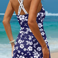 Costume da bagno monopezzo blu cielo con stampa floreale incrociata asimmetrica con lato nodo - Foto 5