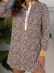 Khaki-Knopfgestreifter Kragen, Leopardenmuster, langärmeliges, ausgestelltes Kleid - Miniatuur