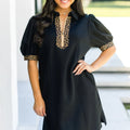 Black Leopard Patchwork Zip Collared Short Puff Sleeve Shift Mini Dress - Damesmode Afbeelding 4 - Foto 4