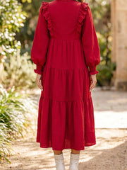 Racing Red Solid Color Ruffle Trim Long Sleeve Tiered Shift Midi Dress - Miniatuur