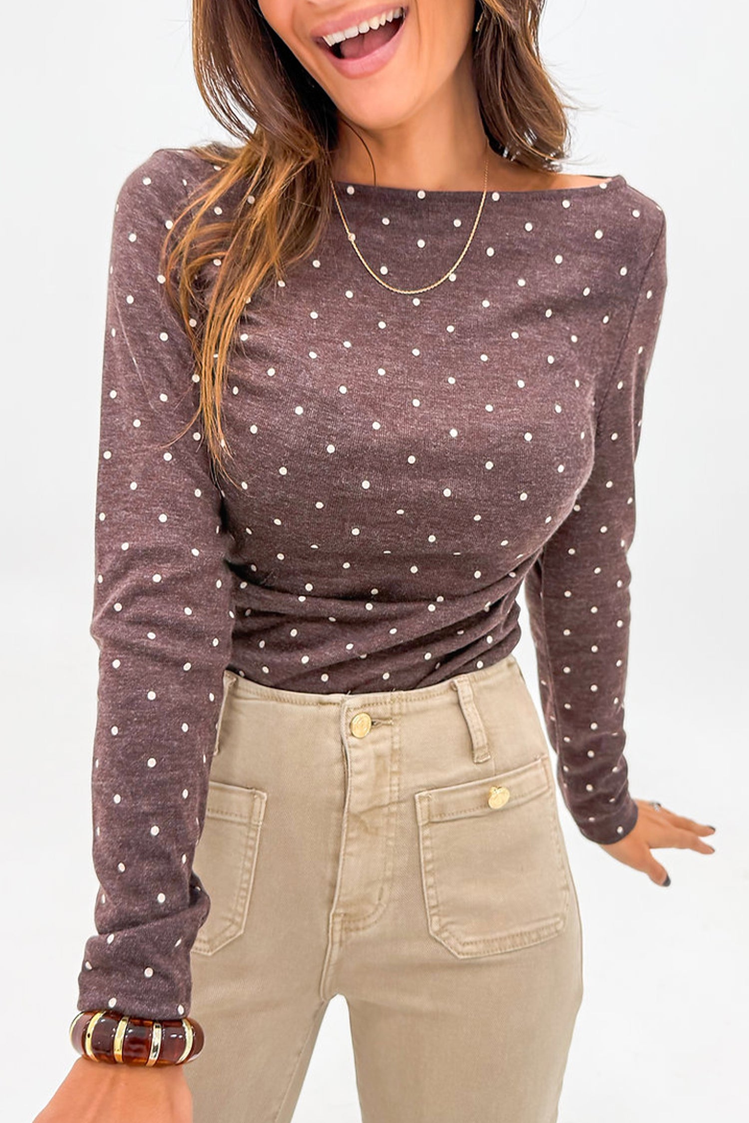 Jet Stream Polka Dot Bootsausschnitt mit langarmligem T-Shirt