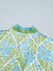 Sky Blue Botanical Floral Print Frilled Trim V Neck Button Front Loose Dress - Miniatuur