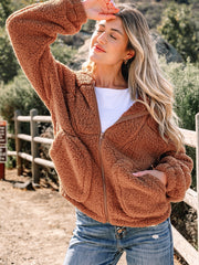 Straw Yellow Zip Up Hooded Sherpa Jacket - Miniatuur