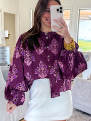 Purple Floral Print Button Front Long Puff Sleeve Shirt - Miniatuur