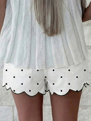 White Polka Dot Print Embroidered Scallop Hem Shorts - Miniatuur