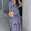 Sky Blue Fiery Floral Print Frilled V Neck Short Sleeve Maxi Dress - Foto 2