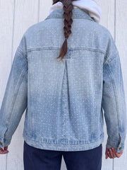 Sky Blue Polka Dot Long Sleeve Collar Pocket Casual Shift Silhouette Denim Jacket - Miniatuur