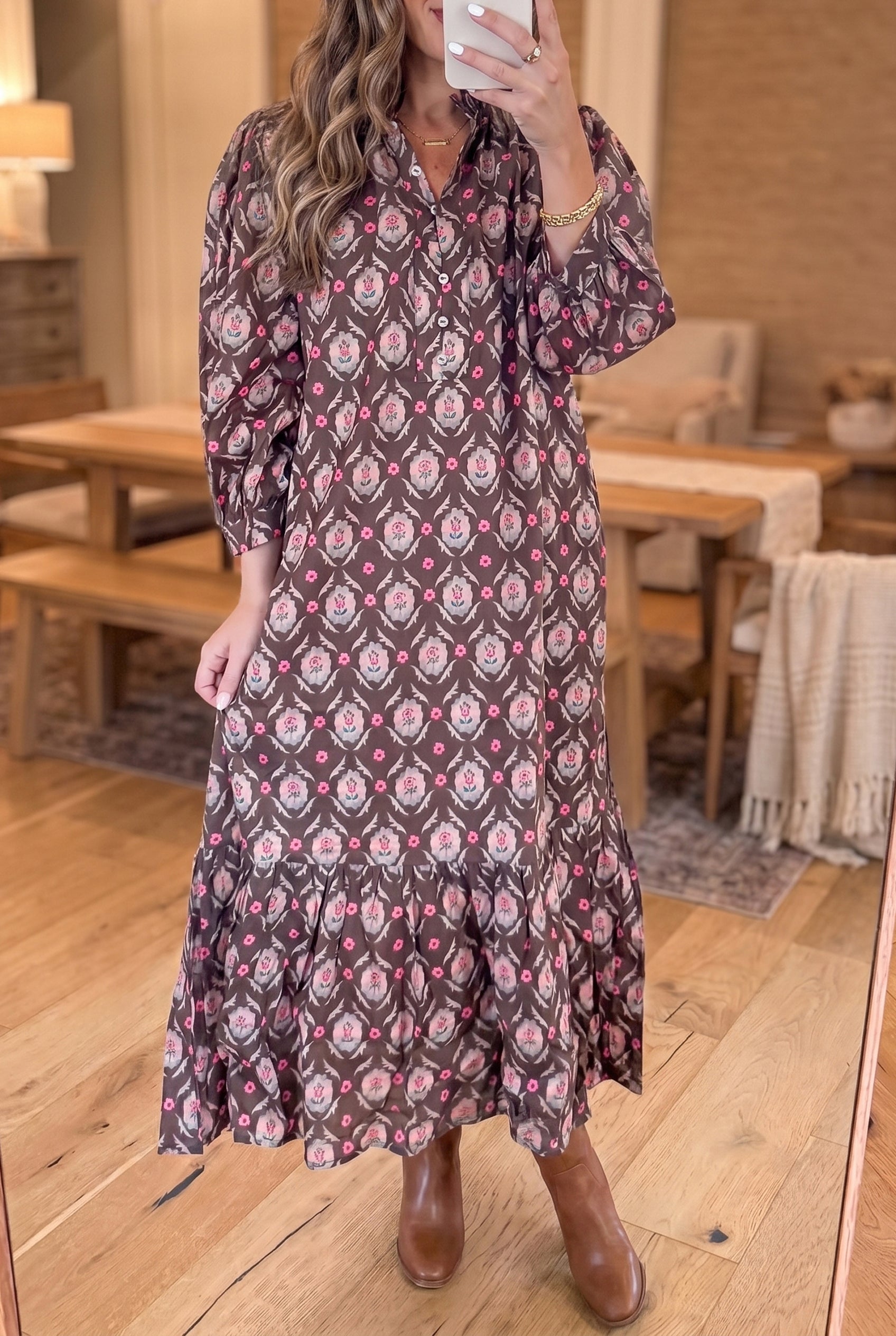 Brown Floral Print Button Front Ruffle Hem Midi Dress - Damesmode Afbeelding 1