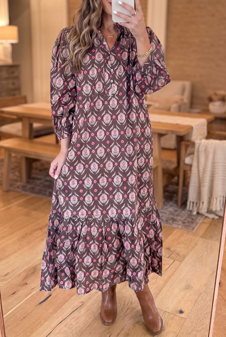 Brown Floral Print Button Front Ruffle Hem Midi Dress - Damesmode Afbeelding 1 - Damesmode