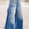 Myosotis Side Seam Gathering Flare Leg Jeans Casual Daily Full-length Denim Pants - Foto 3