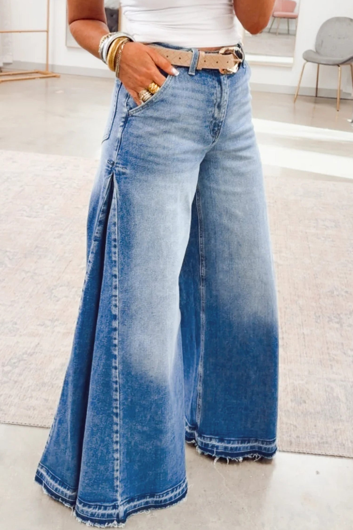 Myosotis Cuciture Laterali Raccolta Jeans a gamba svasata Pantaloni casual quotidiani in denim a tutta lunghezza