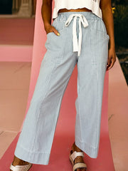 Sky Blue Stripe Mid Rise Drawstring Waist Jeans - Miniatuur