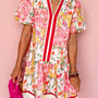 Pink Color Block Floral Print Contrast Trim V Neck Ruffle Hem Mini Dress